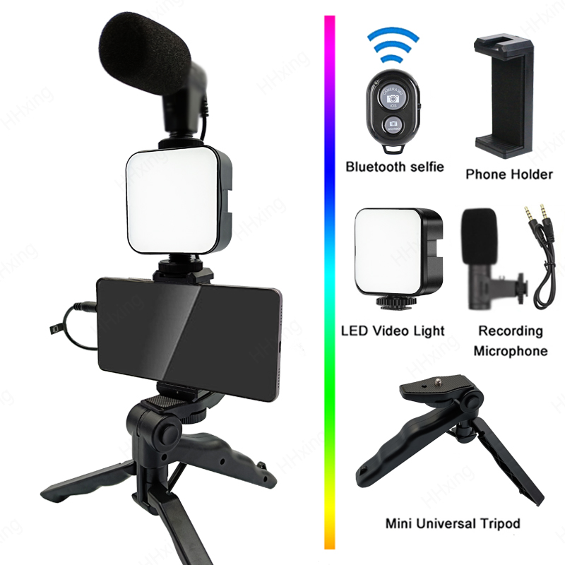Photography Lighting Kit Portable - ที่วางโทรศัพท์การถ่ายภาพแสงสมาร์ทโฟนวิดีโอชุดไมโครโฟน LED Selfie ขาตั้งกล้องการบันทึก Handle แบบพกพา